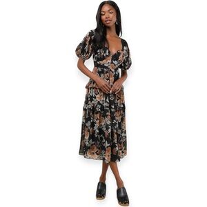 Lulus Fawning Favorite Black Floral Lace Tiered Lace-Up Midi Dress Size Small
